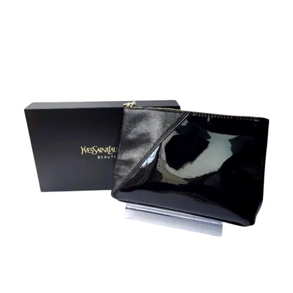 Yves Saint Laurent YSL Beaute Makeup Bag Travel Pouch Black Patent Clutch NEW - Picture 1 of 16